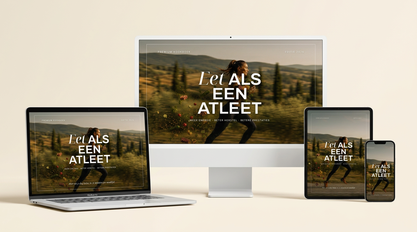 Eet als een Atleet getoond op laptop, desktop, tablet en telefoon
